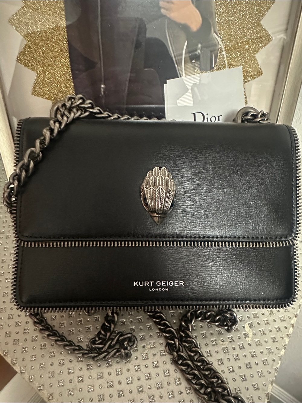 Kurt Geiger Black Leather Animal Print Chain-Trim Crossbody Bag